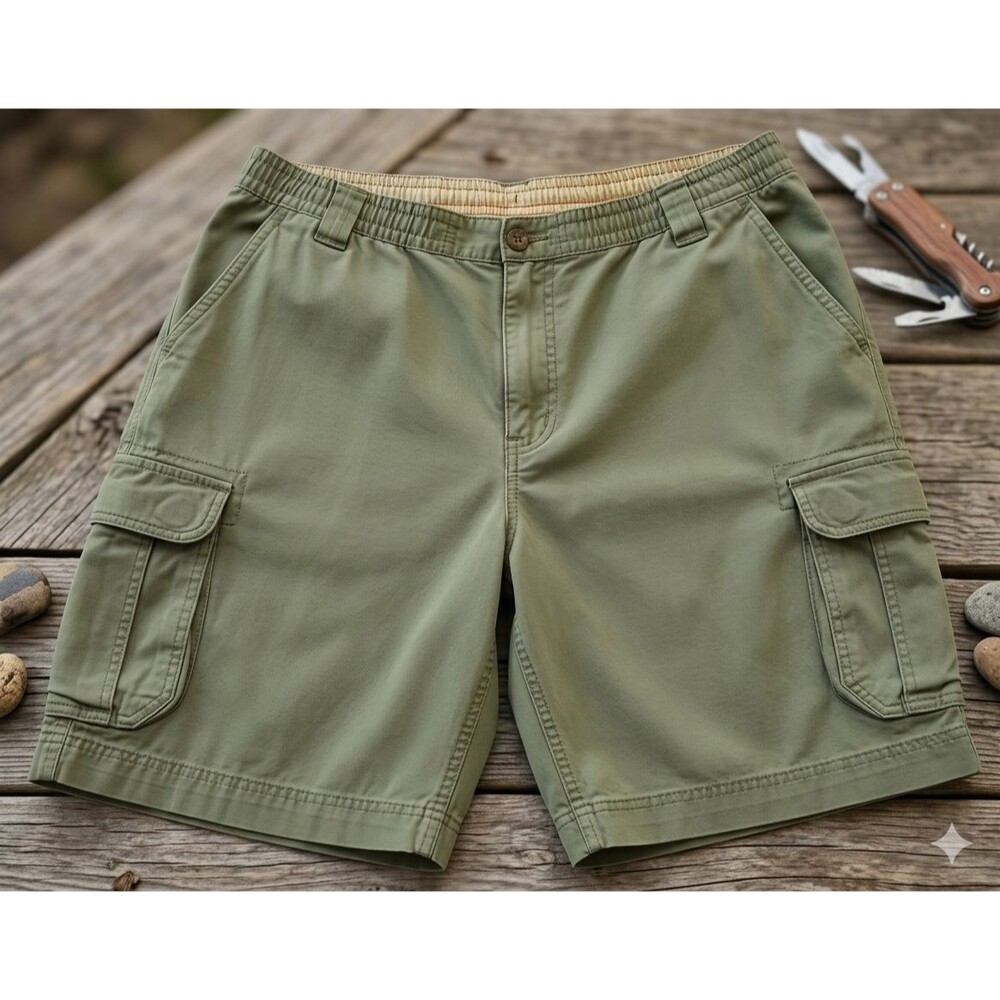 Outdoor Life Mens XL Cargo Shorts Ripstop Green Button Drawstring Utility Hiking